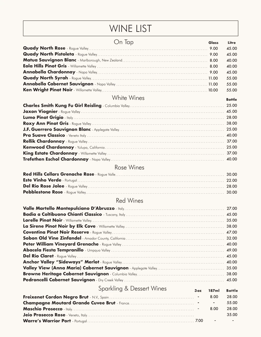 Wine list for Bella Union